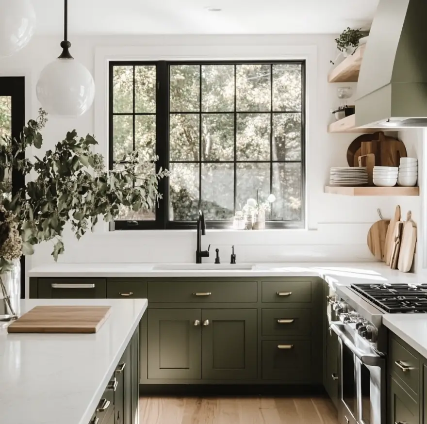 Moody green cabinets in a bright and airy kitchen with white countertops.